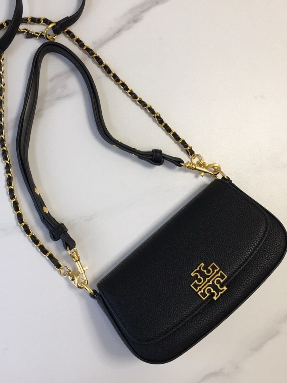 Tory Burch Black Pebbled Leather Crossbody with Gold Logo